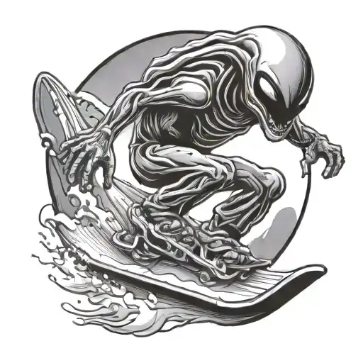 alien riding a snowboard season tattoo design idea