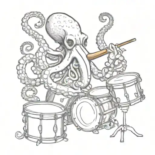 A cigar smoking octopus playing drums with each tentacle, showcasing a mix of interests in cigars and music tattoo design idea