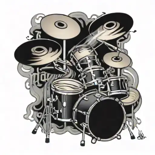 A drum set intertwined with music notes and smoke, symbolizing the passion for music and cigars tattoo design idea