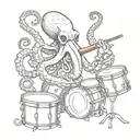 A cigar smoking octopus playing drums with each tentacle, showcasing a mix of interests in cigars and music tattoo design idea