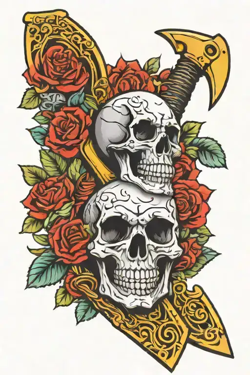 skull and roses ice axe tattoo design idea