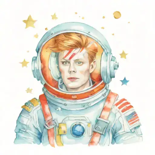 astronaut major tom(david bowie bolt on his head)sitting in a tin can with stars behind, watching planet earth from afar tattoo design idea