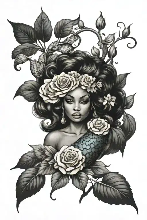 mermaid african roses tattoo design idea