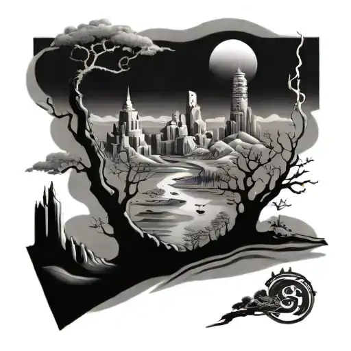 A fantasy landscape with socialist symbols integrated into the scenery tattoo design idea