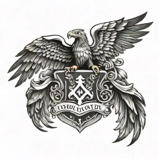family crest with letter W, eagle wings, and a cross tattoo design idea