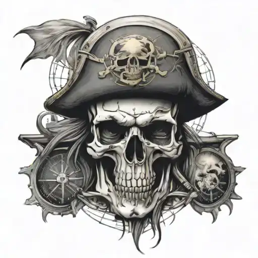 A pirate ship skull with compass and map tattoo design idea