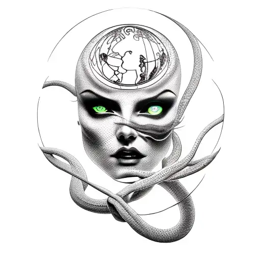 Sexy demonic women with a glowing globe in front of her with her hand on the globe and snakes surrounding and protecting tattoo design idea