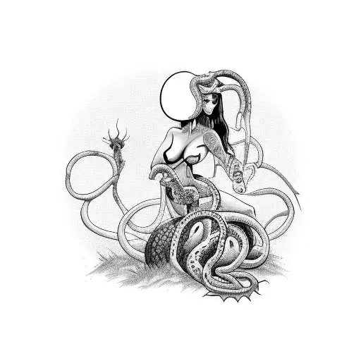 Sexy demonic women with a glowing globe and snakes tattoo design idea