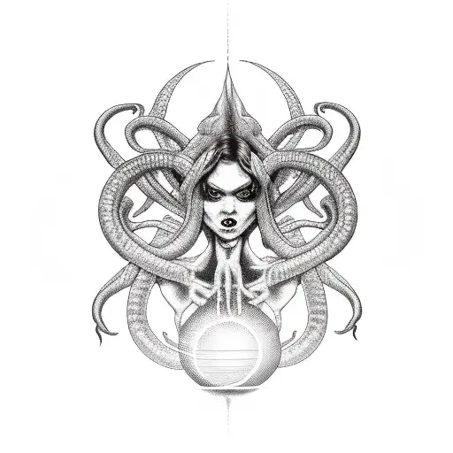 Sexy demonic women with a glowing globe in front of her with her hand on the globe and snakes surrounding and protecting tattoo design idea