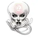 Sexy demonic women with a glowing globe in front of her with her hand on the globe and snakes surrounding and protecting tattoo design idea