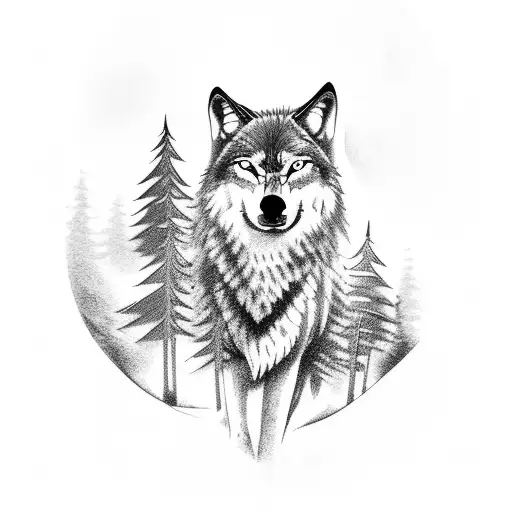 Wolf Howling In A Thunderstorm With A Forest In The Background And Camp In The Foreground tattoo design idea