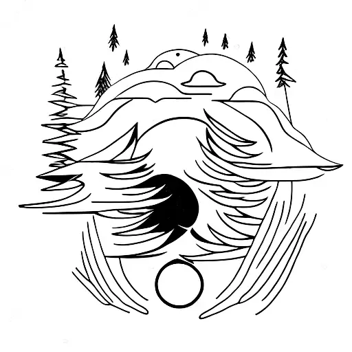 forest with a lightning storm and a distance howling wolf  tattoo design idea
