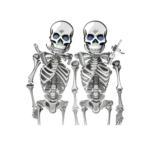 two skeletons walking away holding together bottle of whiskey and in other hand holding gun  tattoo design idea