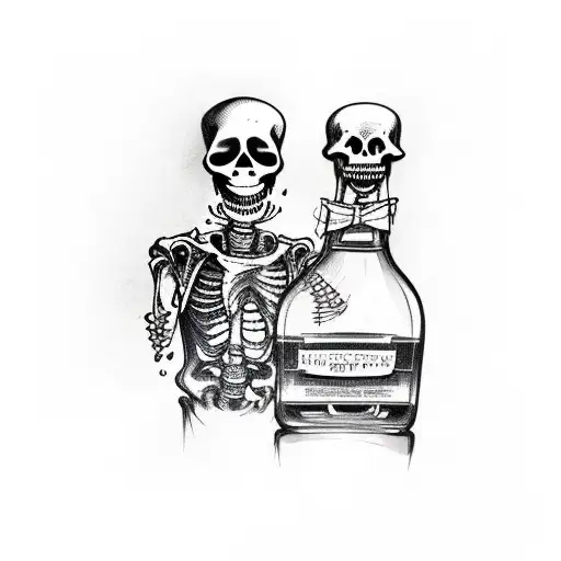 two skeletons holding together bottle of whiskey and in other hand holding gun  tattoo design idea