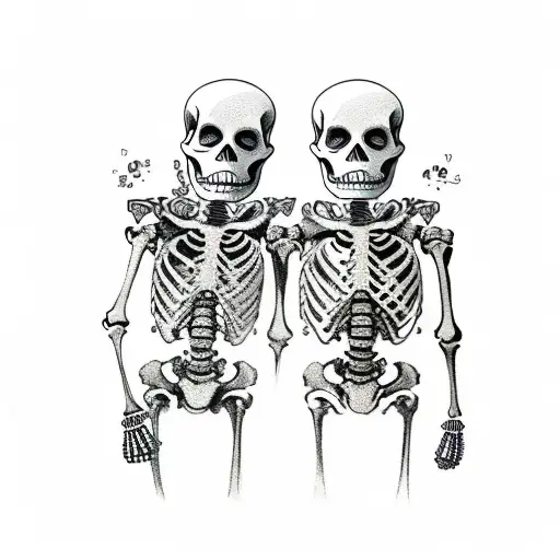 two skeletons walking away holding together bottle of whiskey and in other hand holding gun  tattoo design idea