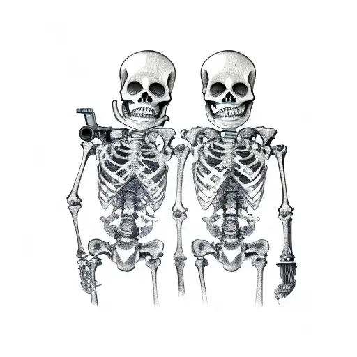 two skeletons holding together bottle of whiskey and in other hand holding gun  tattoo design idea
