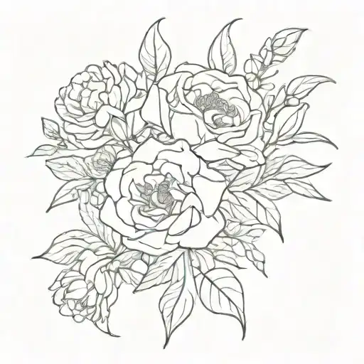 flower bouquet tattoo with flowers carnation, 2 marigolds, morning glory, rose, water lily, narcissus, morning glory  tattoo design idea