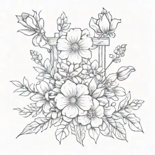 bouquet of birth flowers including january, april, may nd august. the word salvation and a cross.  tattoo design idea