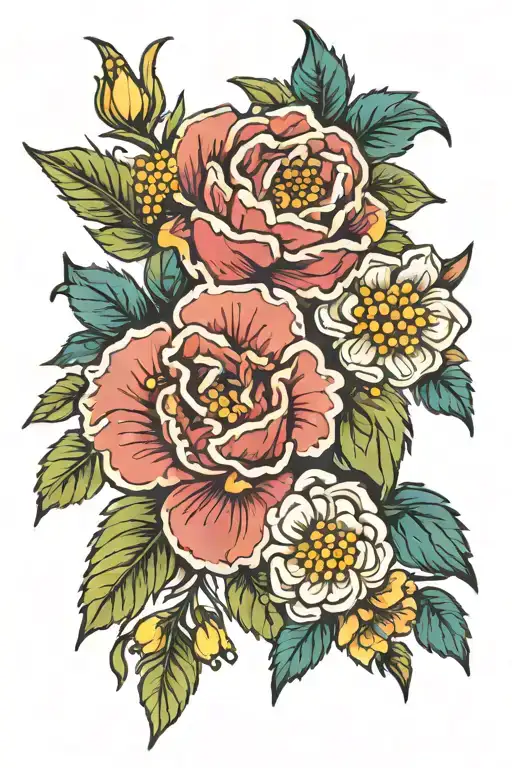 July August, September and November birth month flowers bunch tattoo design idea