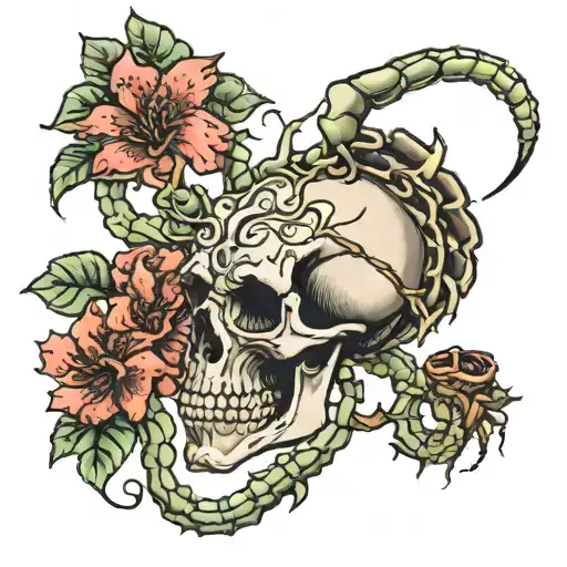scorpian with a voilet flower in the. back grown with the scorpion tail stabing a skull that's  leaking blood tattoo design idea