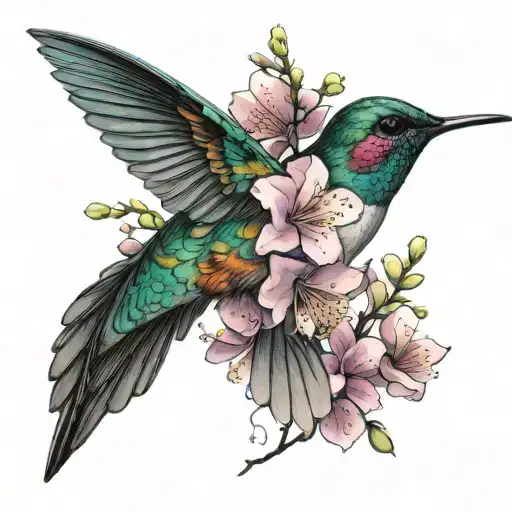 Humming Bird and Japanese cherry blossoms tattoo design idea