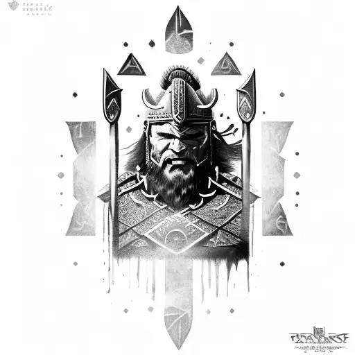 berserker with viking symbols and crows tattoo design idea
