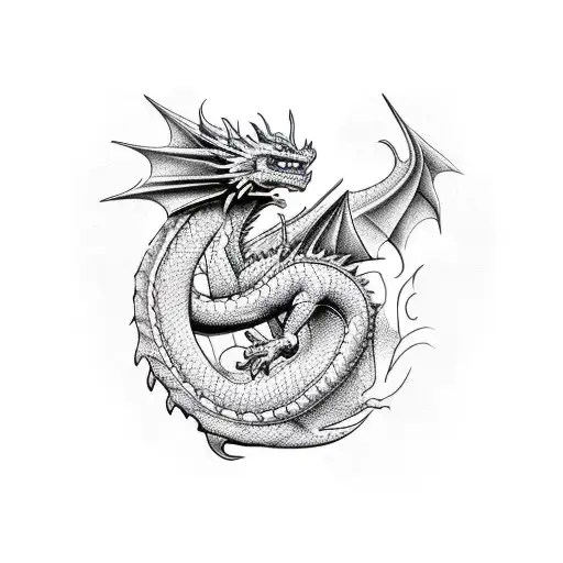 A stack of books with a dragon curled around it tattoo design idea