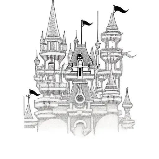 A whimsical Disney castle made of books tattoo design idea