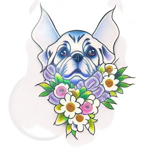 A traditional-style tattoo of a ghostly dog surrounded by flowers tattoo design idea