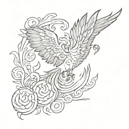 A phoenix rising from flames, including a key, the words AD SUM and the symbol for the zodiac sign virgo tattoo design idea