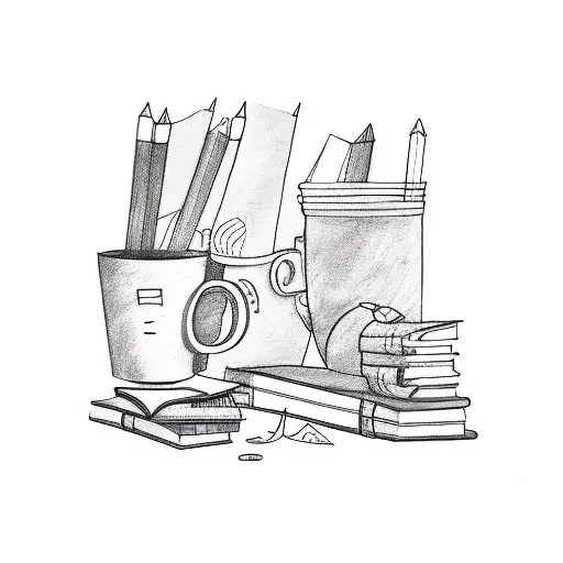 A teacher's desk with books, a coffee cup, and musical notes scattered around tattoo design idea