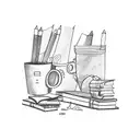 A teacher's desk with books, a coffee cup, and musical notes scattered around tattoo design idea