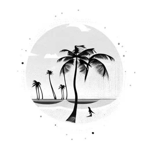 A tropical beach scene with palm trees and waves tattoo design idea