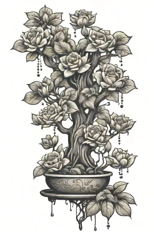 A money tree with roses and lotus flowers growing from the branches to symbolize growth and prosperity tattoo design idea