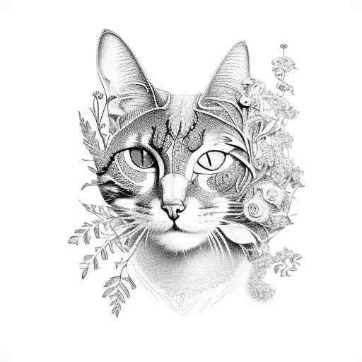 An intricate botanical illustration of a cat's silhouette filled with various enchanting herbs and flowers. tattoo design idea