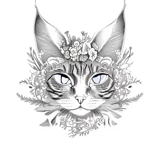 An intricate botanical illustration of a cat's silhouette filled with various enchanting herbs and flowers. tattoo design idea