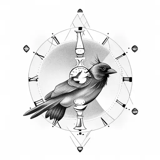A minimalist tattoo of a crow perched on top of an hourglass tattoo design idea