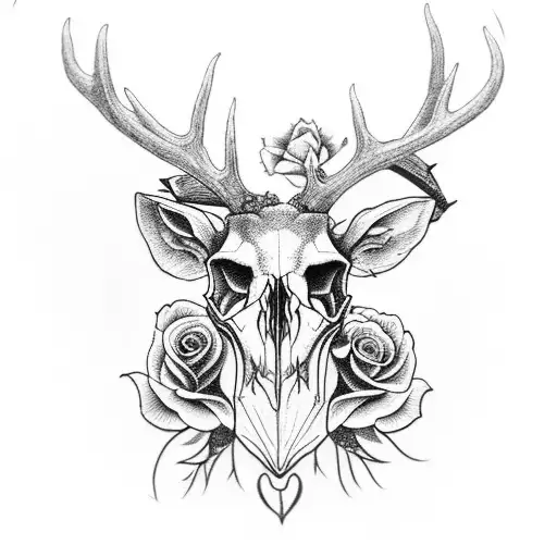 deer skull with trees as antlers and roses tattoo design idea