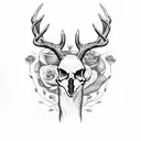 deer skull with trees and roses tattoo design idea