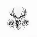 deer skull with trees and roses tattoo design idea