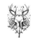 deer skull with trees and roses tattoo design idea