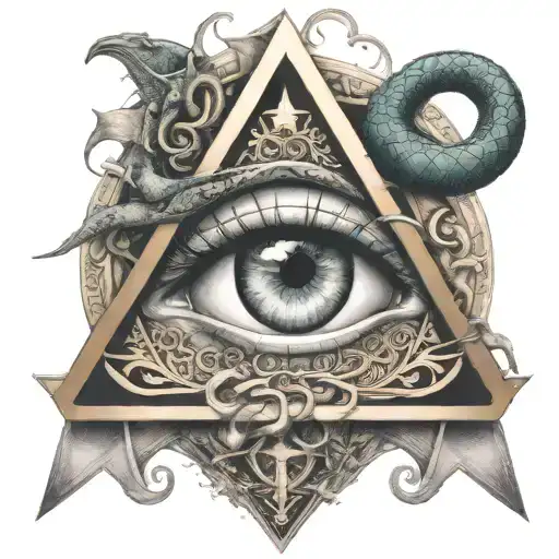 illuminati eye inside a triangle with medusa snakes covering the borders and a dragon wrapping the traingle   tattoo design idea