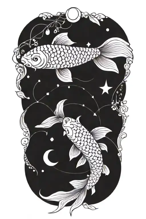 koi fish swimming alongside Sun and Moon phases integrated tattoo design idea