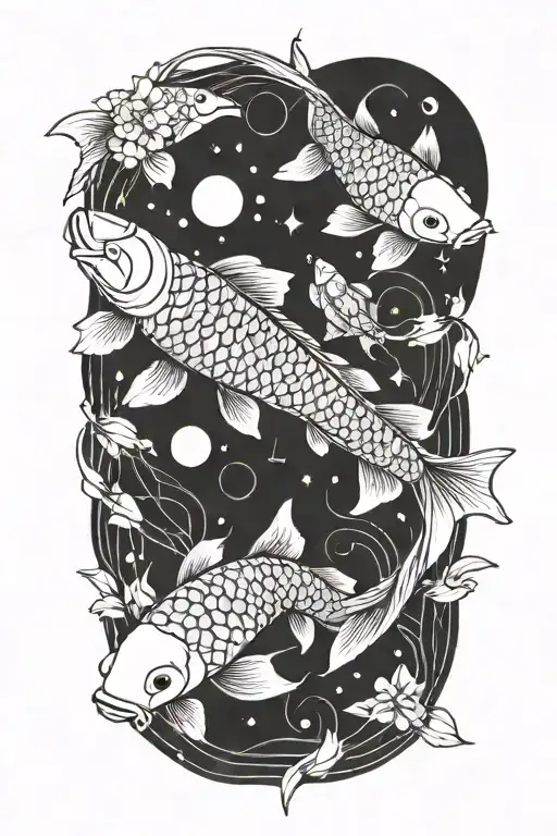 koi fish swimming alongside Sun and Moon phases integrated tattoo design idea