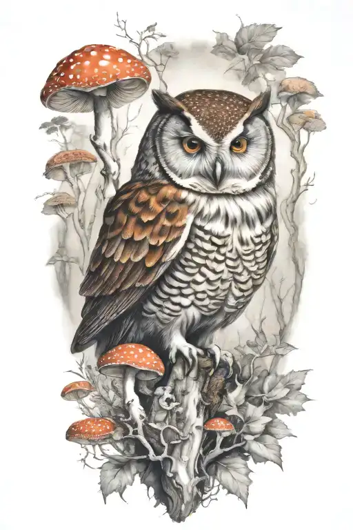 owl agaric mushroom forest tattoo design idea