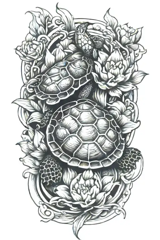 turtle with koi fish and lotus flower tattoo design idea
