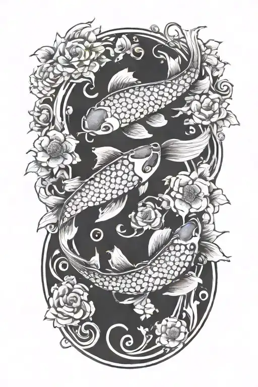 koi fish swimming alongside Sun and Moon phases integrated tattoo design idea