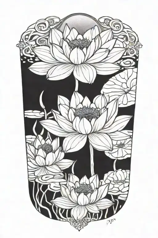 lotus flower pond with solar eclipse  tattoo design idea