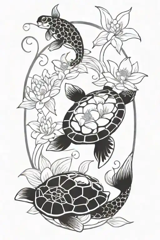 turtle and  koi fish and lotus flower tattoo design idea