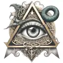illuminati eye inside a triangle with medusa snakes covering the borders and a dragon wrapping the traingle   tattoo design idea